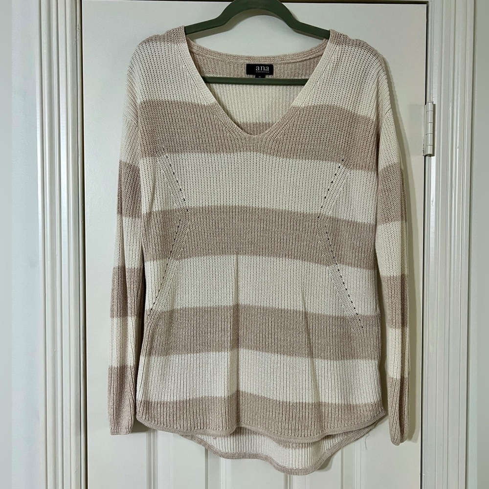 Beige Striped V-neck Sweater | Size: Medium